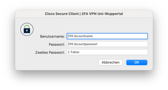 Eingabefeld des Cisco Secure Clients. Felder: Benutzername = ZIM-Accountname, Passowrt = ZIM-Account-Passwort, Zweites Passwort = 2. Faktor